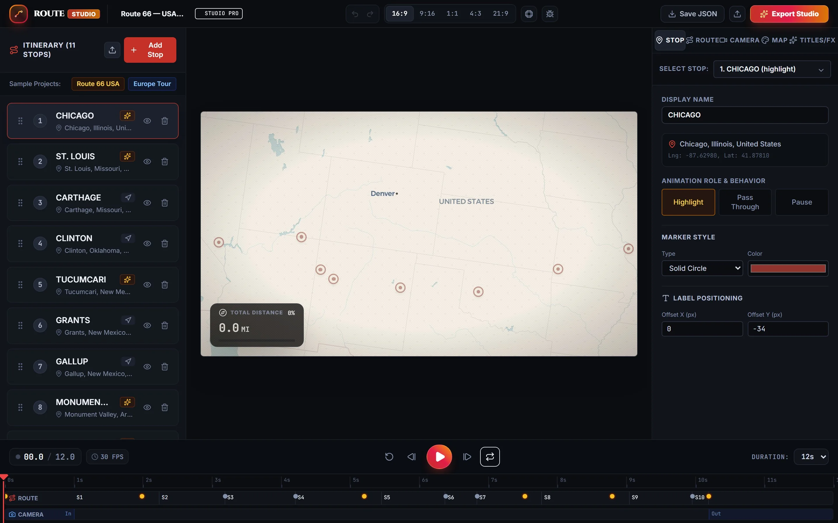 MapAnim — editor de rutas con mapa, itinerario y línea de tiempo